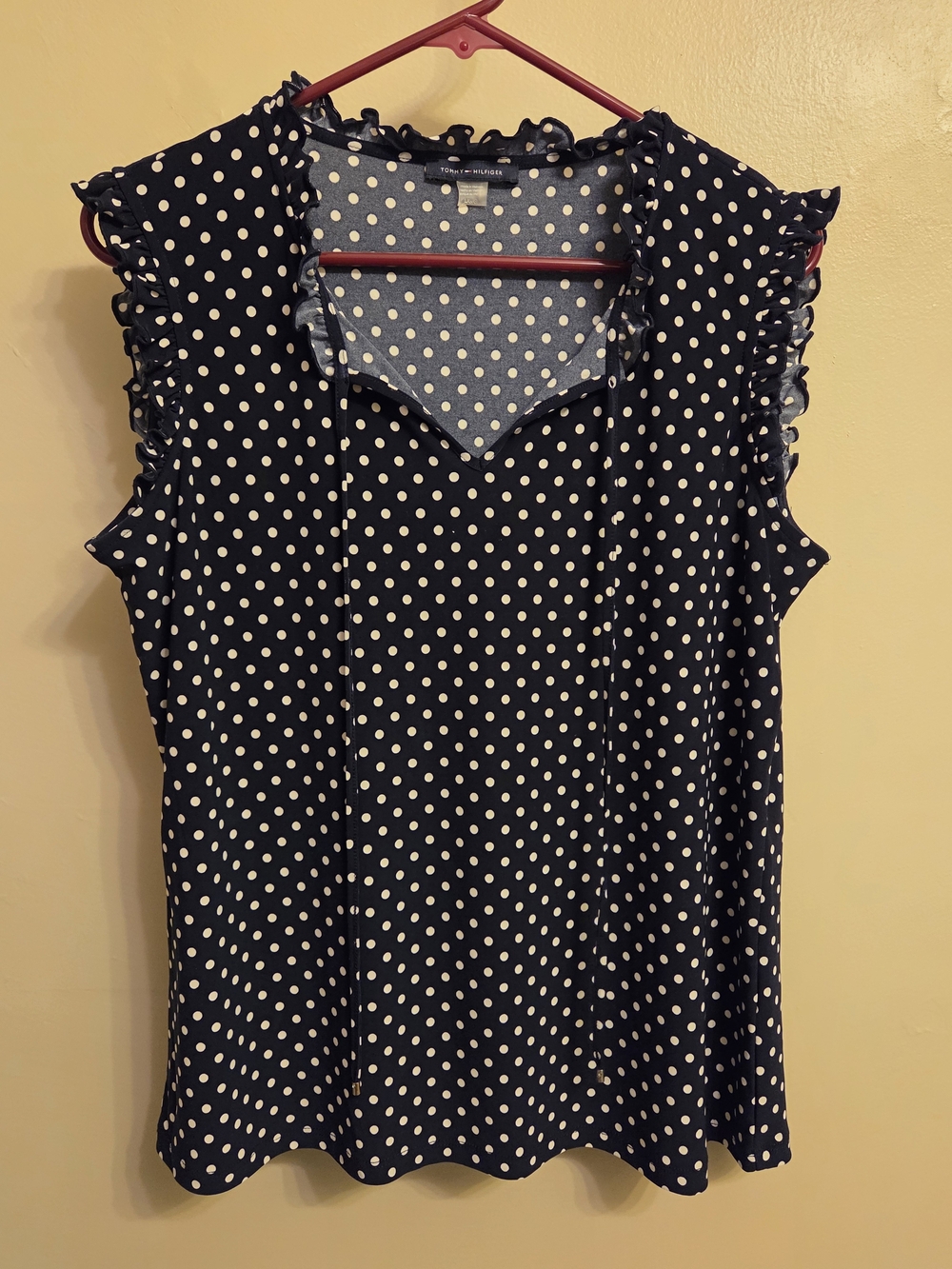 Tommy Hilfiger Preppy Polka Dot Ruffle Sleeveless Shell Navy White Size L P2P 20